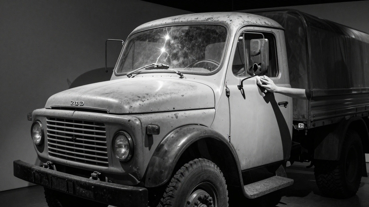 ЗИЛ-130 1978 года с ржавчиной и треснувшим стеклом, освещённый лучом света в минималистичном музейном пространстве.