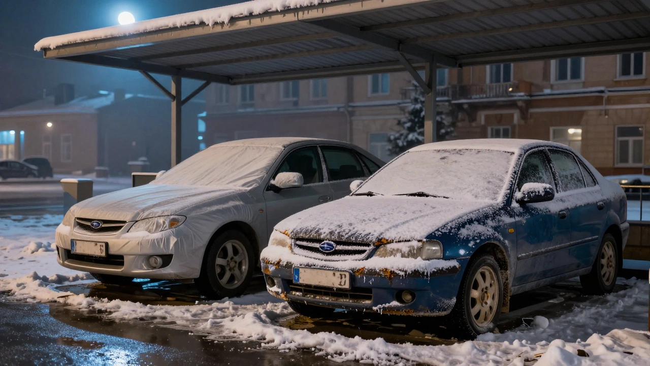 Зимняя парковка: защищенный автомобиль под навесом и заброшенный под снегом с солевыми пятнами.