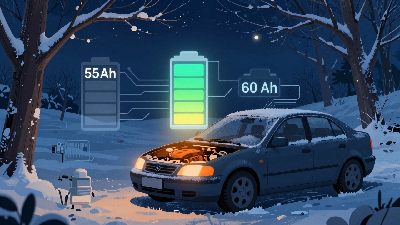 Зимняя сцена: аккумулятор 60 А·ч ярко светится, а 55 А·ч тускнеет в мороз