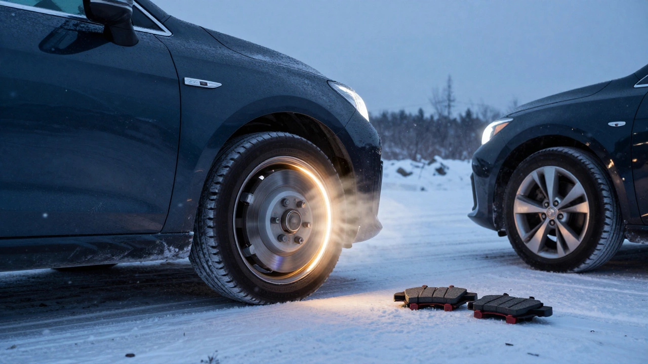 Автомобиль тормозит на заснеженной дороге в сумерках, видны тепловые волны от полуметаллических колодок, снег падает вокруг.