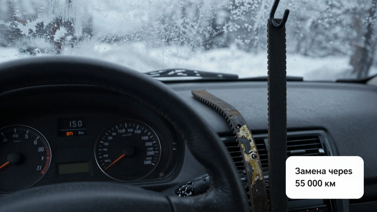 Изношенный и новый ремни ГРМ рядом с напоминанием о замене на фоне зимнего пейзажа.