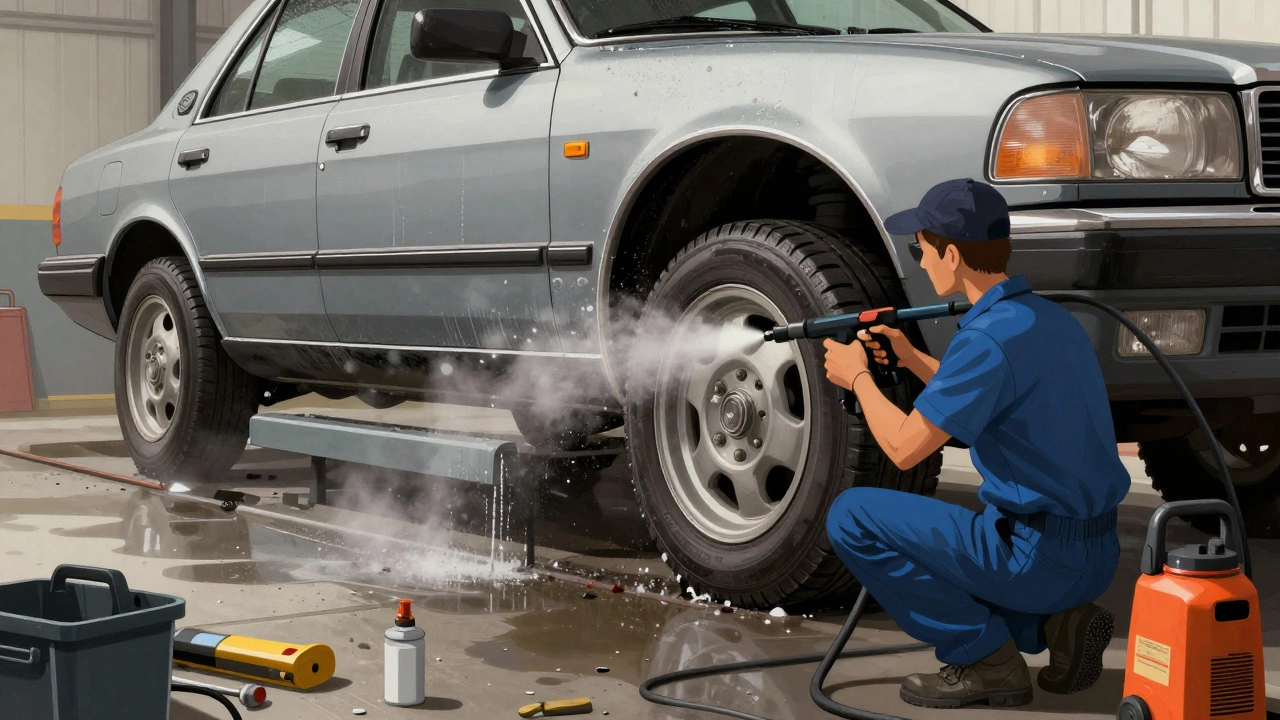 Механик обрабатывает днище автомобиля антикоррозийным составом на подъёмнике, струя воды смывает соль.