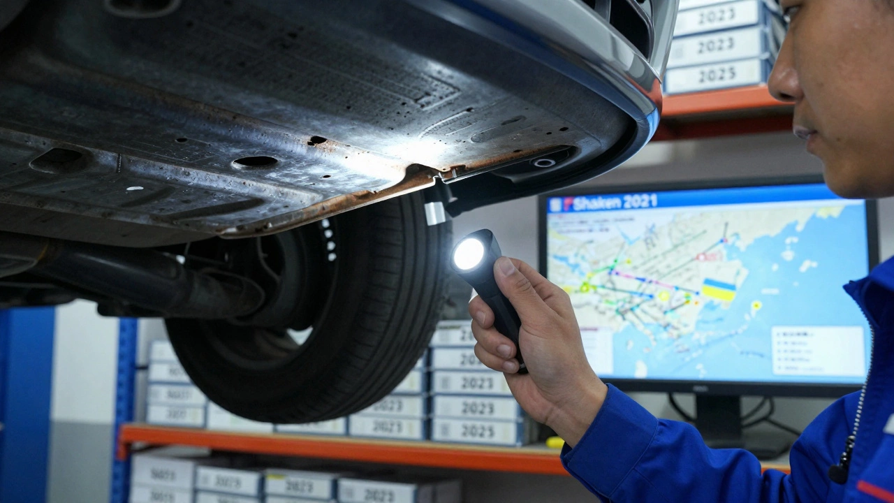 Механик проверяет кузов японской машины на отсутствие коррозии перед экспортом