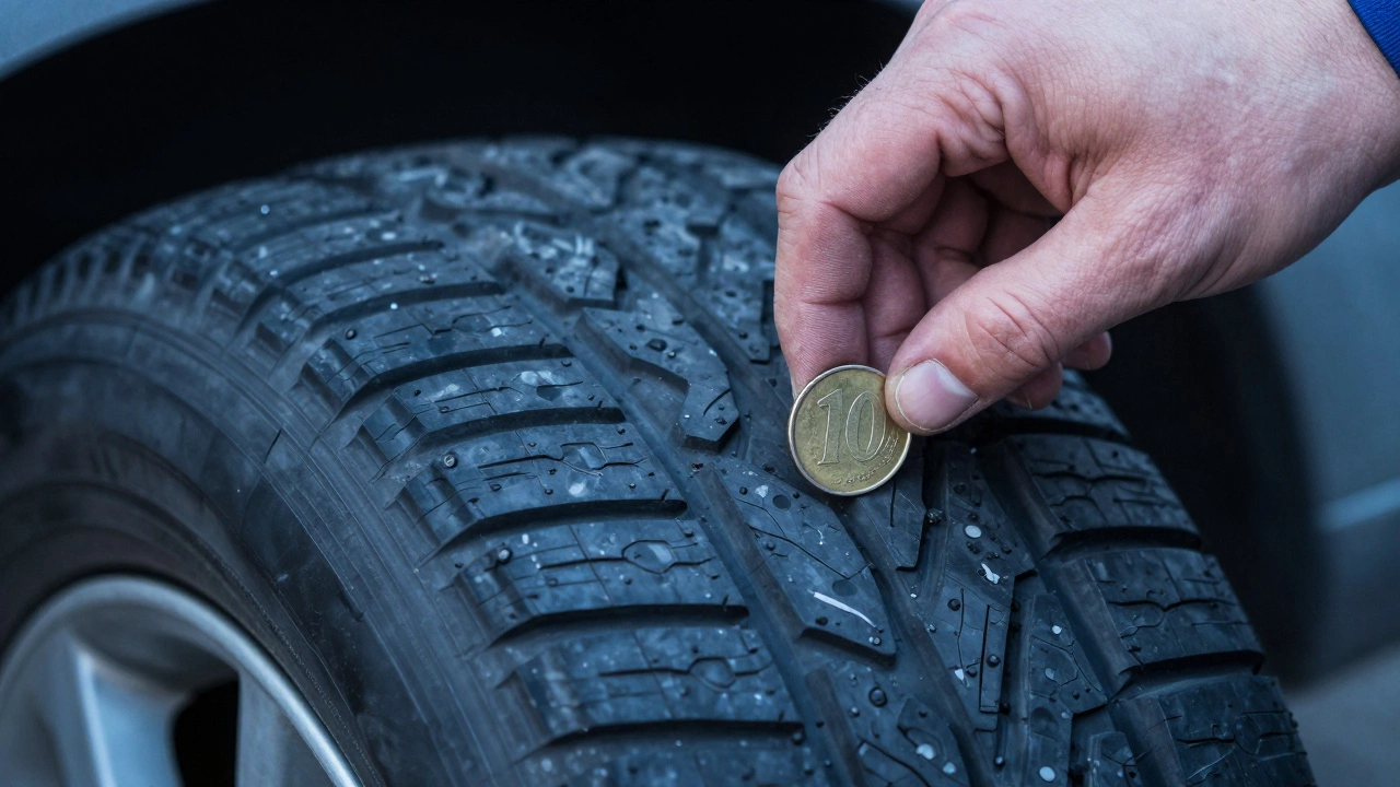 Монета в протекторе шины, видна цифра 10