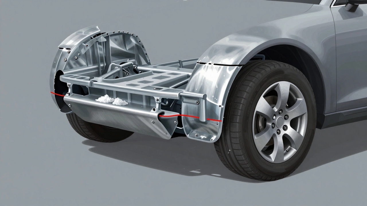 Разрез днища автомобиля с показом слоев антикоррозийной защиты и зоны коррозии от соли.