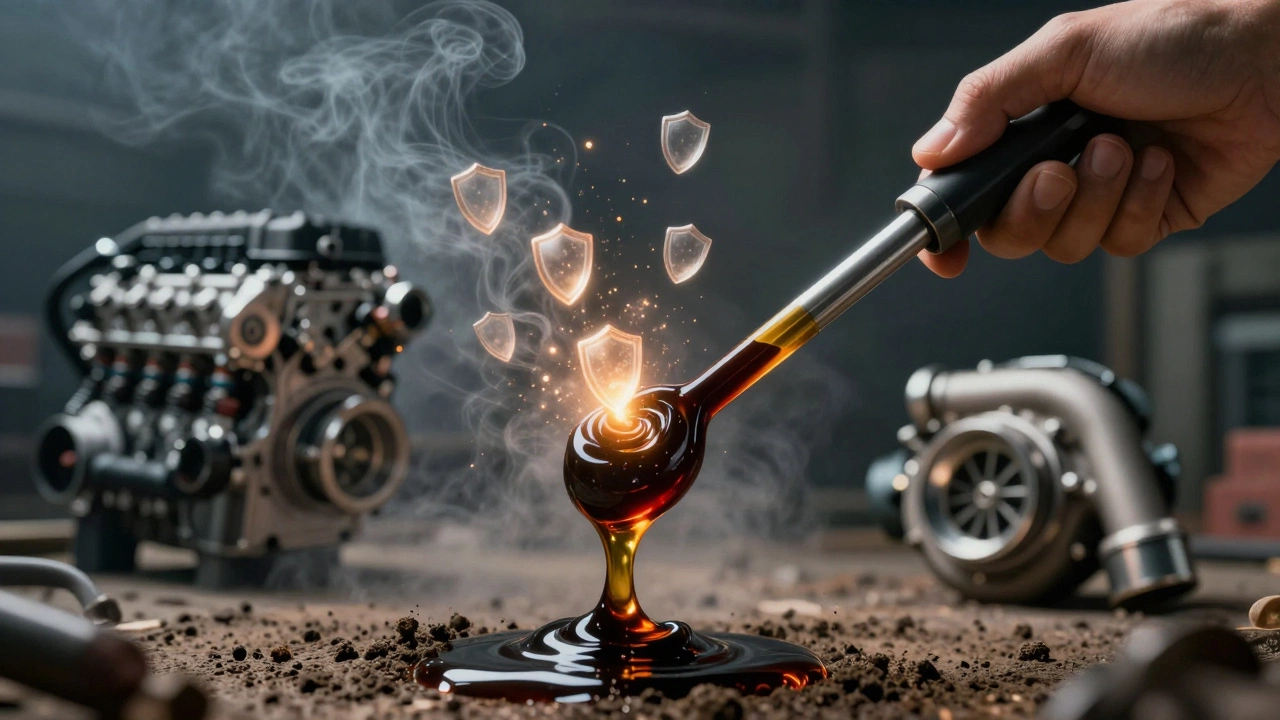 Рука с щупом, из масла которого выступают светящиеся защитные частицы, символизирующие эффективные присадки.