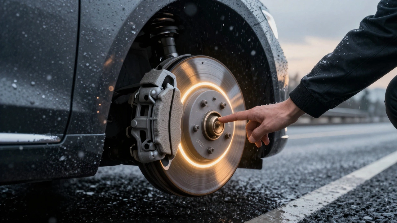 Рука за рулём тормозит на мокрой трассе, внутри системы видно керамические колодки, нагревающие диск при высокой температуре.