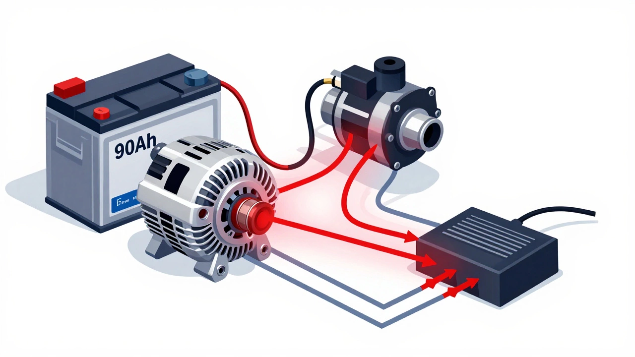 Схема электрической системы автомобиля с перегрузкой от аккумулятора большей ёмкости, показывающая избыточный ток и повреждение компонентов.