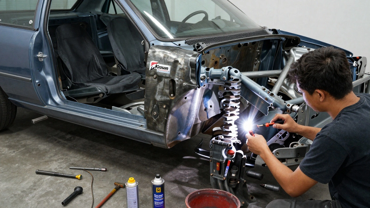 Специалисты ремонтируют днище старого Honda Civic, нанося антикоррозийное покрытие.