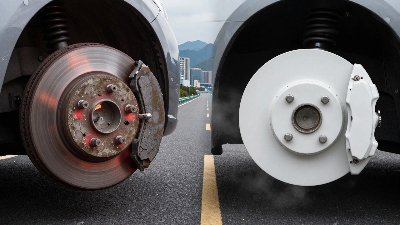 Сравнение изношенных и новых тормозных колодок: слева — перегретый диск, справа — чистый керамический комплект, дорога ведёт через город и горы.