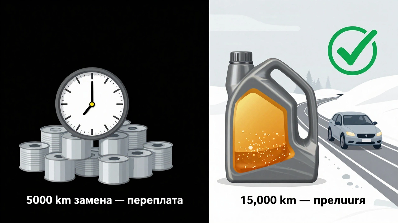 Сравнение: куча пустых канистр с надписью '5000 км — переплата' и одна канистра с маслом на фоне снежной дороги.