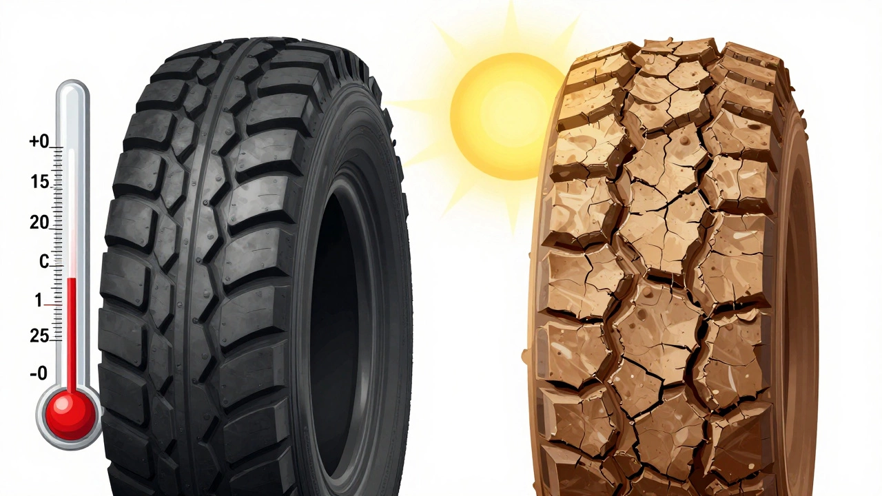 Сравнение свежей и старой резины под экстремальными температурами -25°C и +35°C.