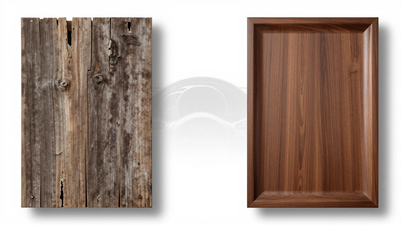 Сравнение текстур: потёртая древесина слева и идеально отполированная — справа, символизирующие два стиля тюнинга.