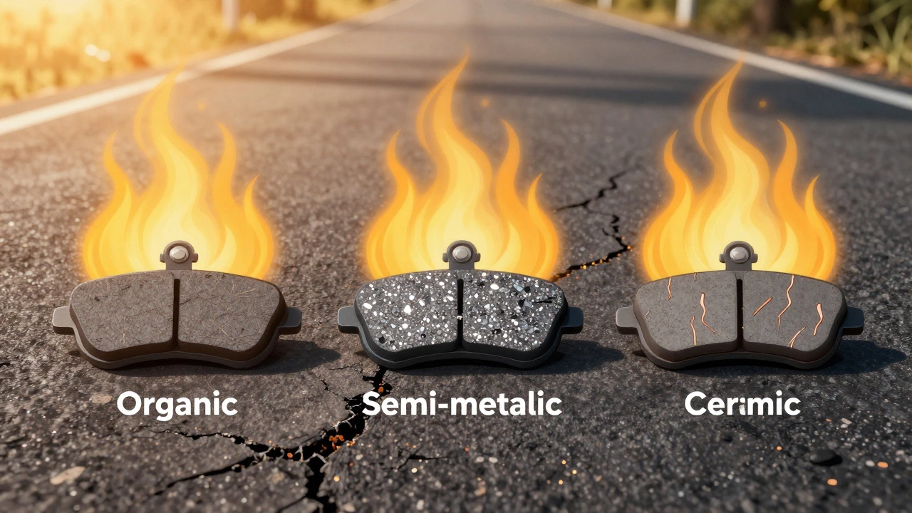 Три типа тормозных колодок: органические, полуметаллические и керамические, расположенные на раскалённом асфальте.