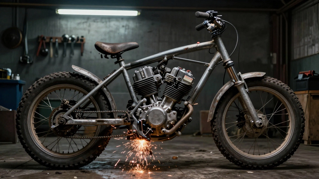 Велосипед с установленным мотоциклетным двигателем, символизирующий несовместимость мощного аккумулятора с автомобильной системой.