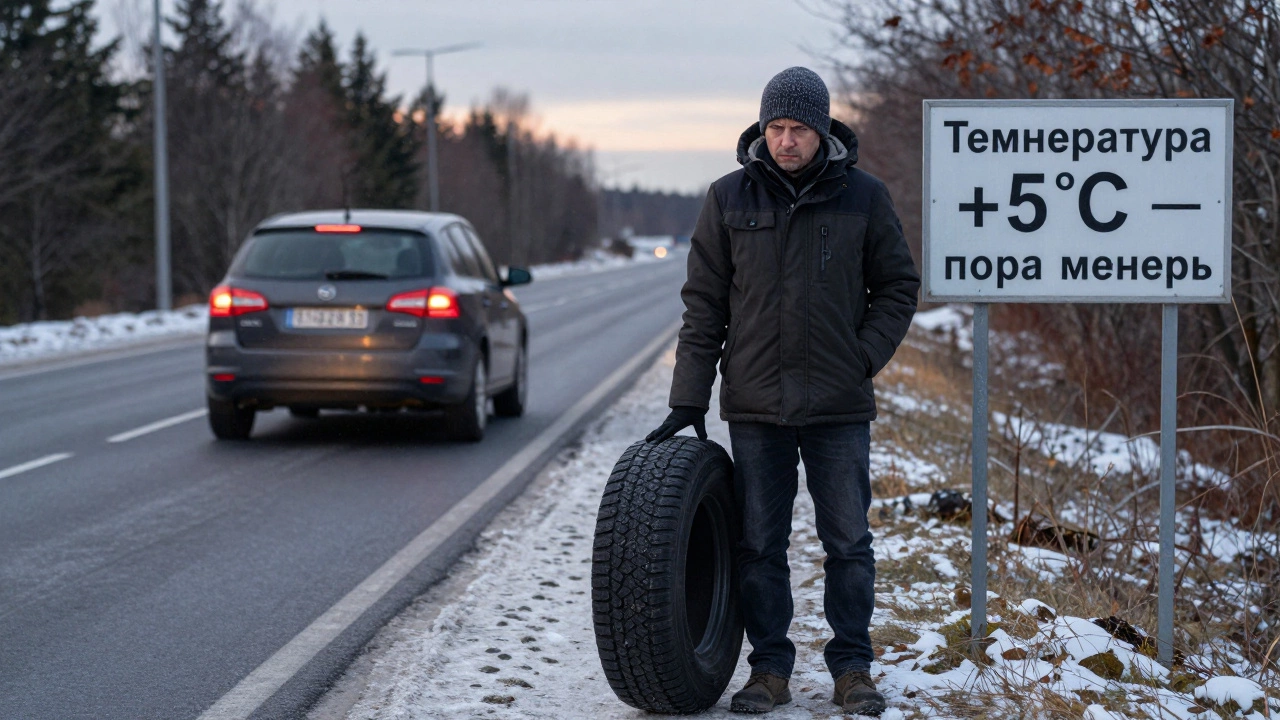 Водитель смотрит на старую шину с датой производства 2020 года, за ним — машина на зимней резине.