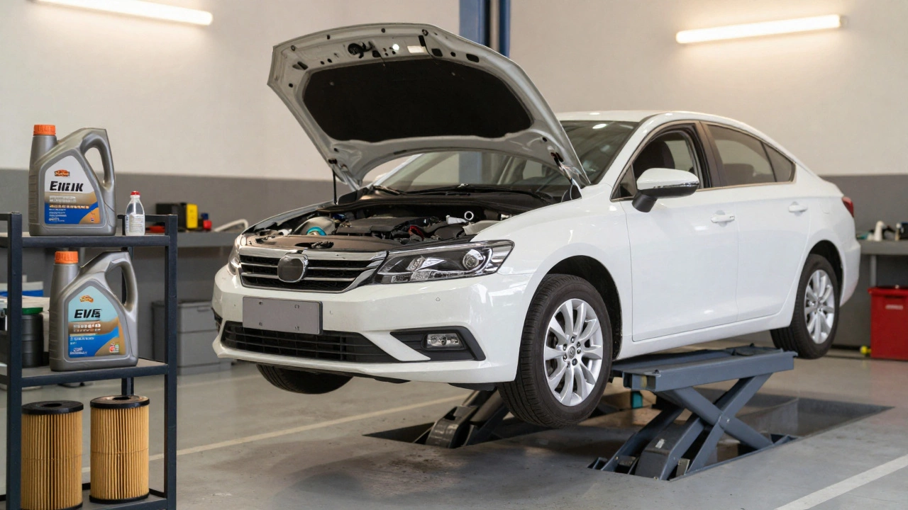 Автомобиль в гараже с инструментами для технического обслуживания