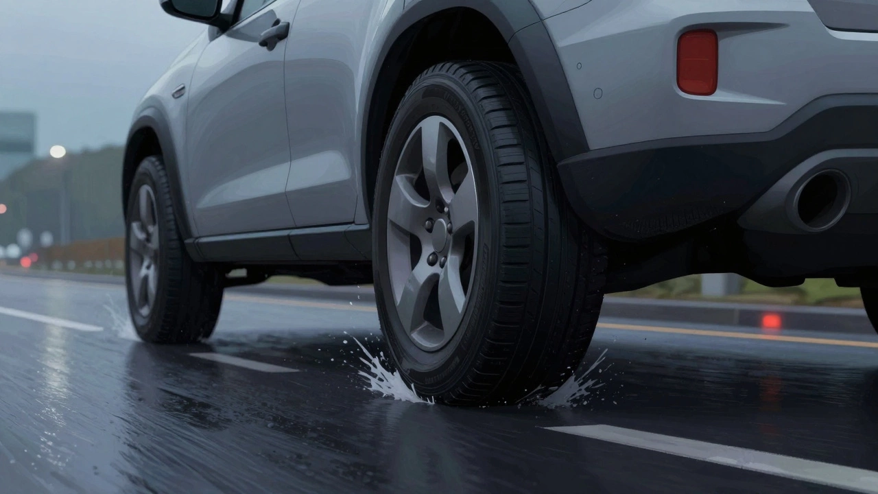 Автомобиль в повороте на мокрой дороге, видны шины с улучшенным сцеплением, вода брызжет с боков, нет агрессивных элементов.