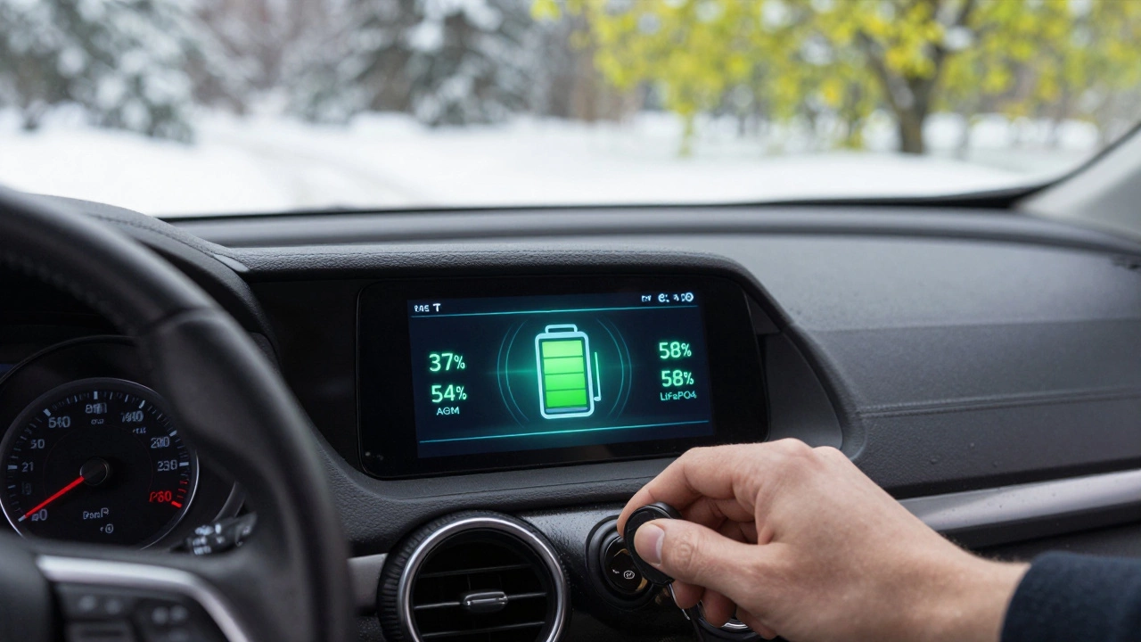 Цифровая панель автомобиля, показывающая остаточную ёмкость разных типов аккумуляторов на фоне зимнего пейзажа.