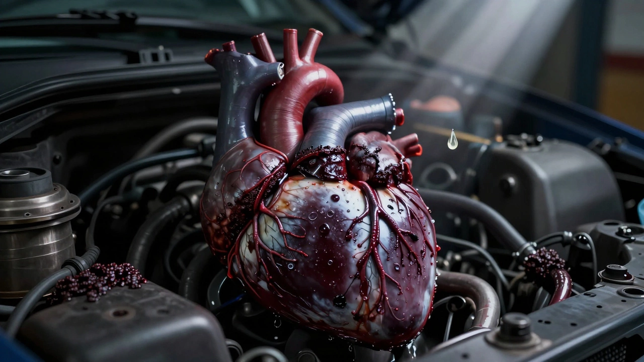 Двигатель как сердце, заблокированное грязью, с каплей чистого масла как спасением.