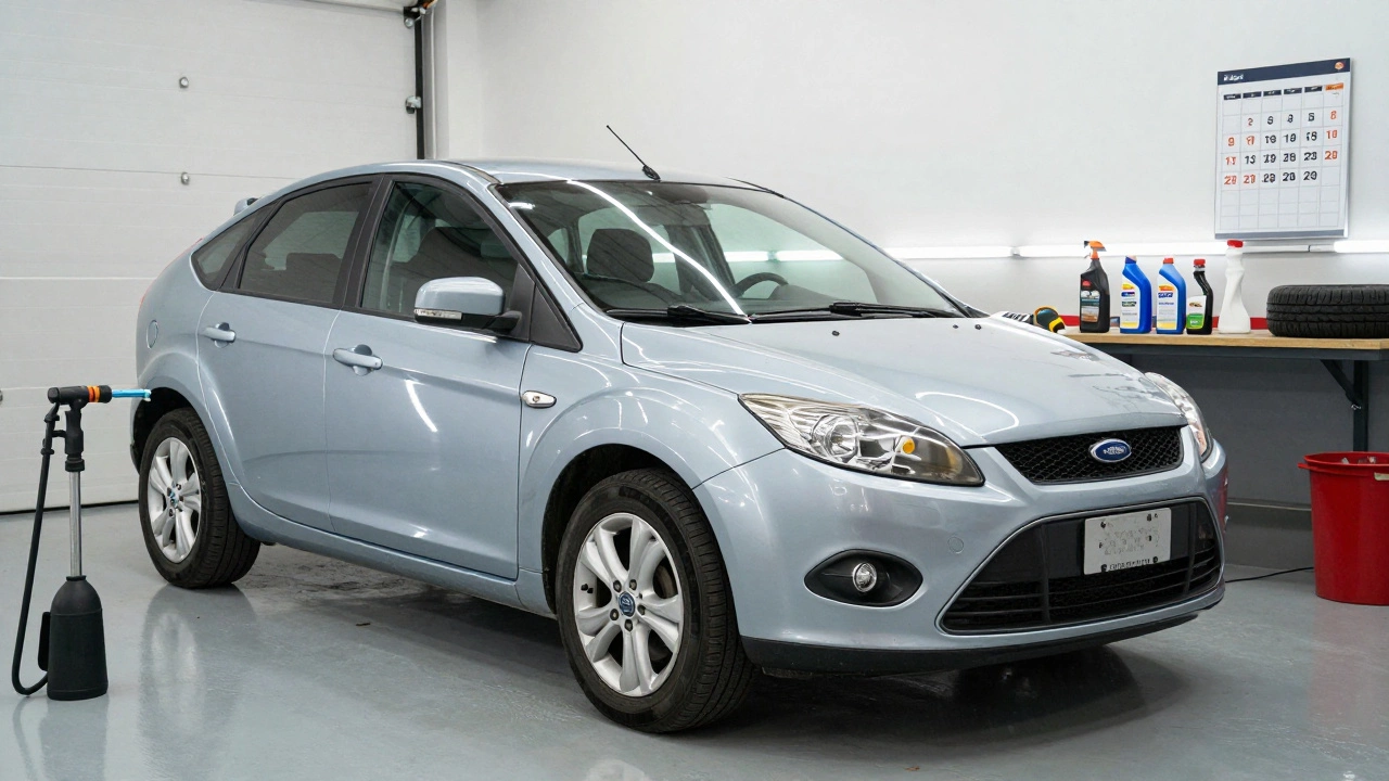 Форд Фокус 2008 года в сухом гараже с инструментами для обслуживания.