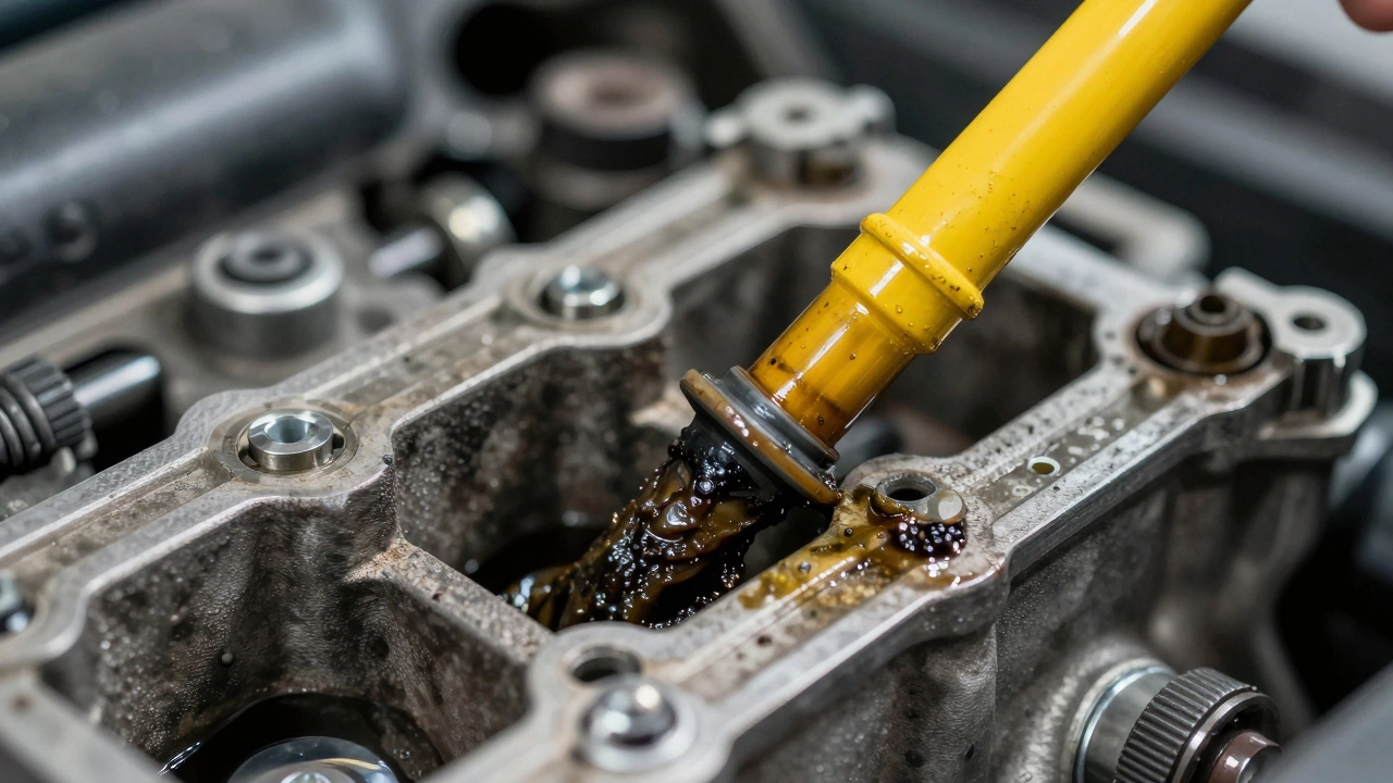 Грязный масляный щуп двигателя крупным планом при свете лампы