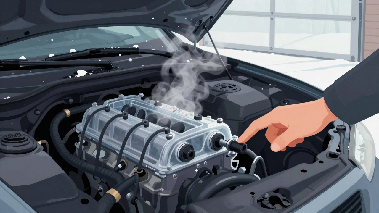 Холодный двигатель постепенно прогревается зимой, на приборной панели поднимается стрелка температуры.