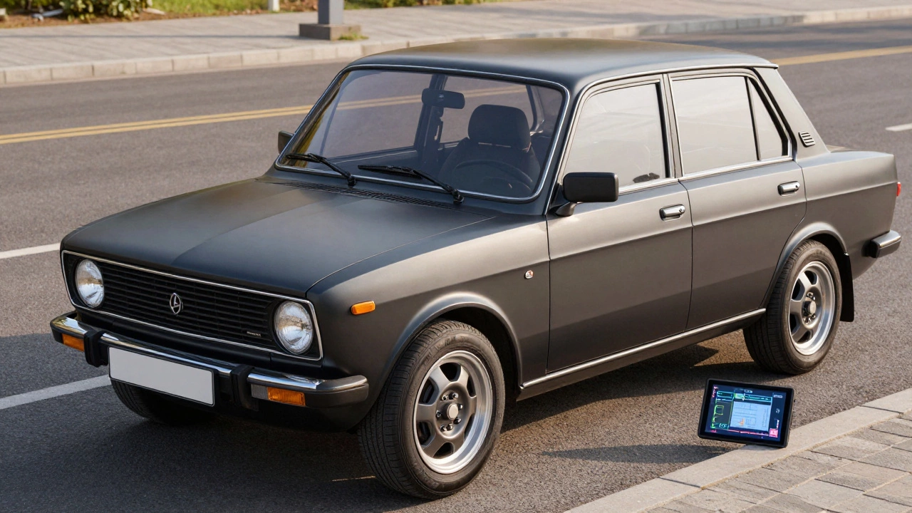 Классическая ВАЗ 2107 с тонкими доработками: матовый капот, тормоза и диски, без кричащего тюнинга, на фоне утреннего света.