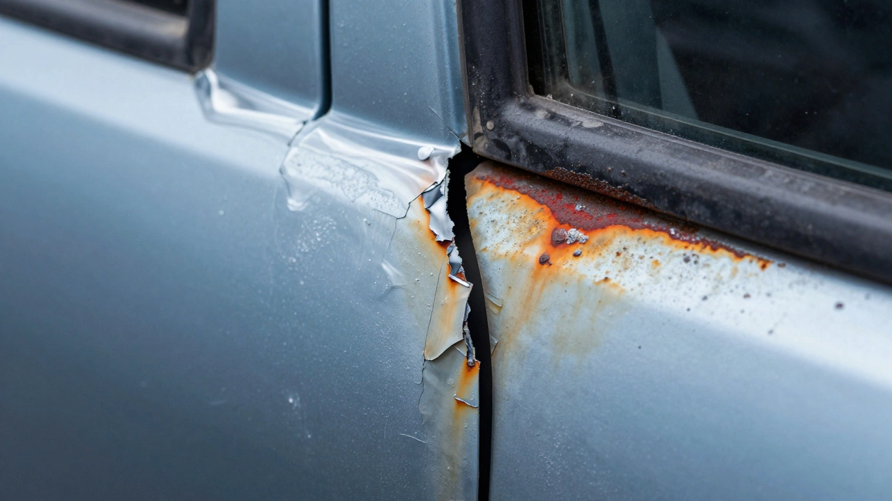 Крупный план коррозии металла под слоем краски машины.