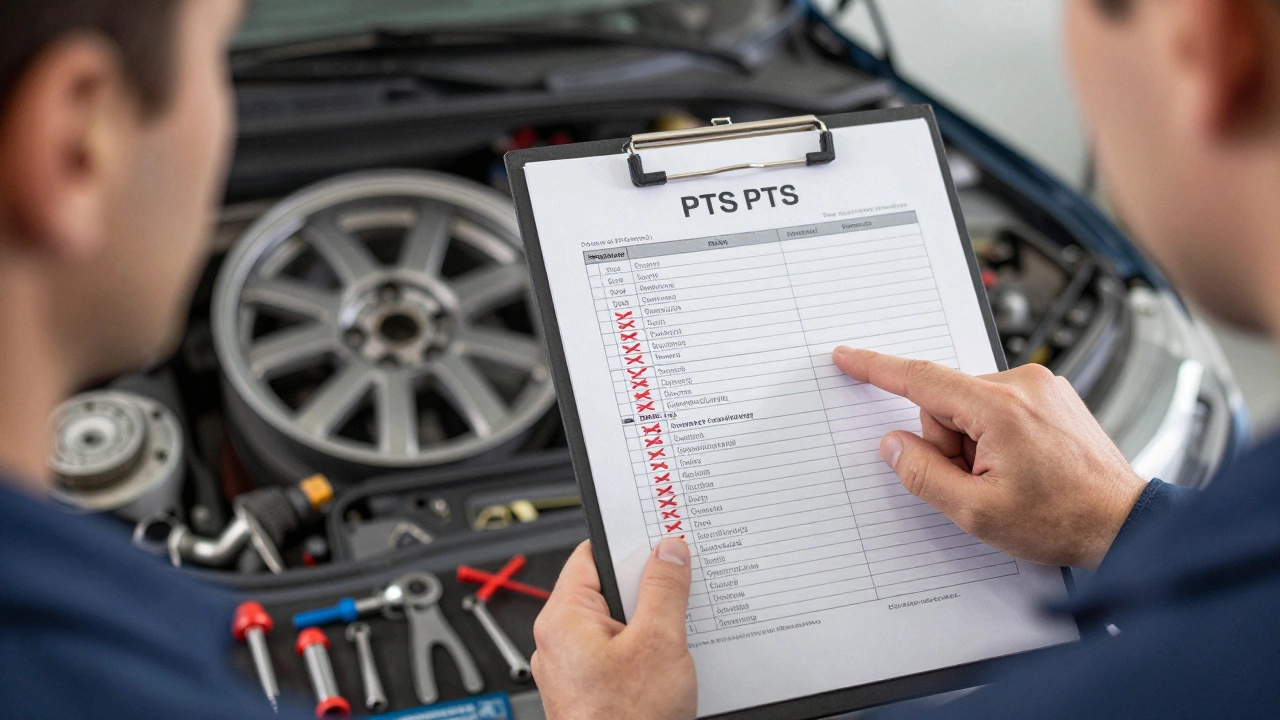 Механик проверяет ПТС автомобиля с перечнем разрешённых и запрещённых доработок.