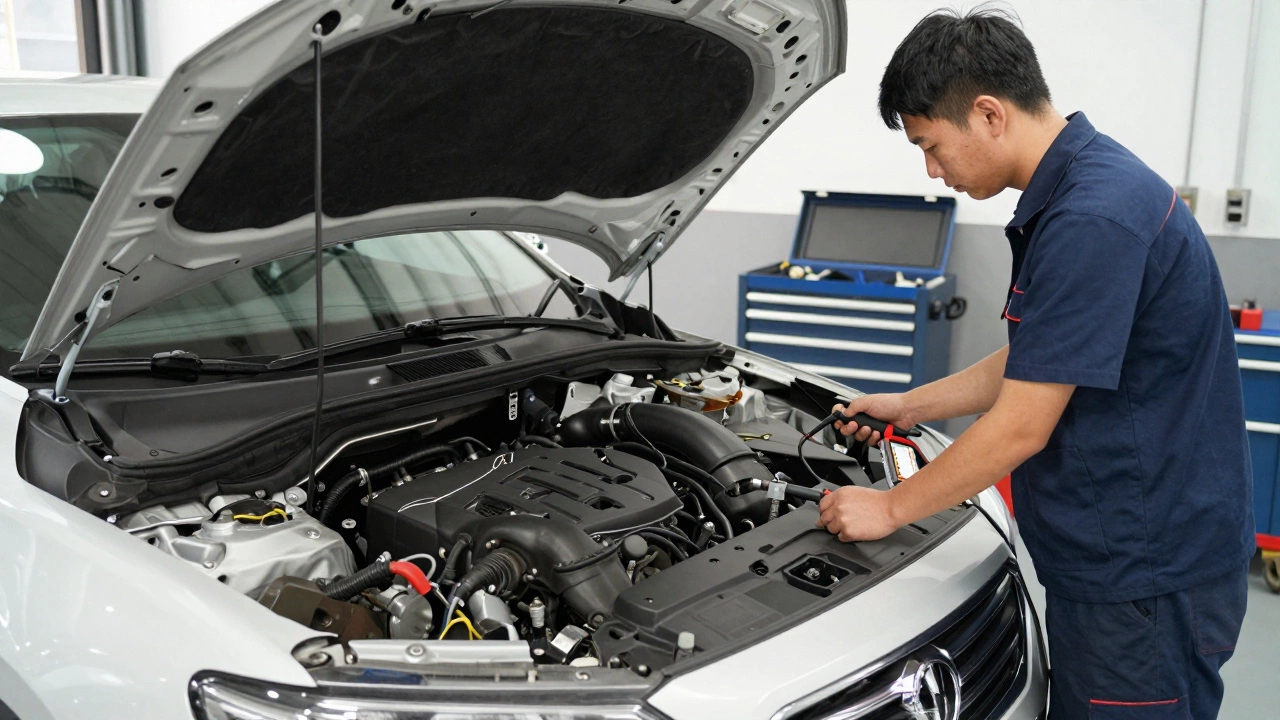 Механик проводит проверку компрессии двигателя в мастерской