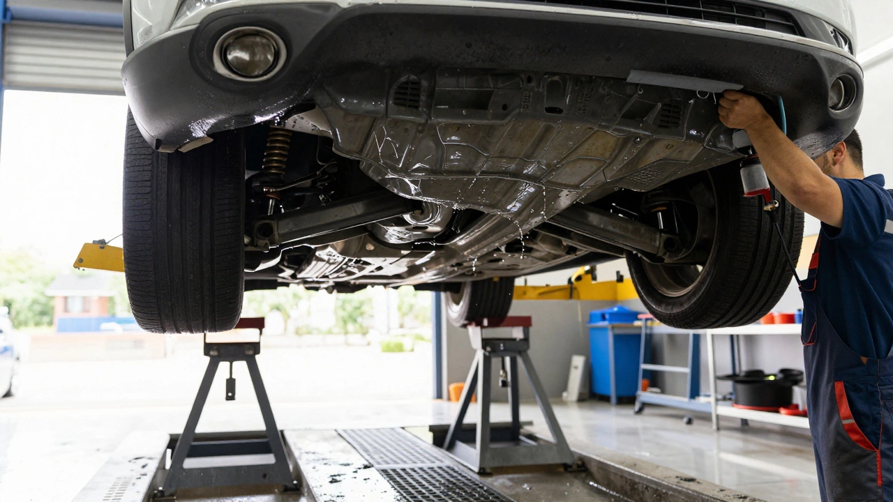 Обработка днища автомобиля защитным составом перед хранением.