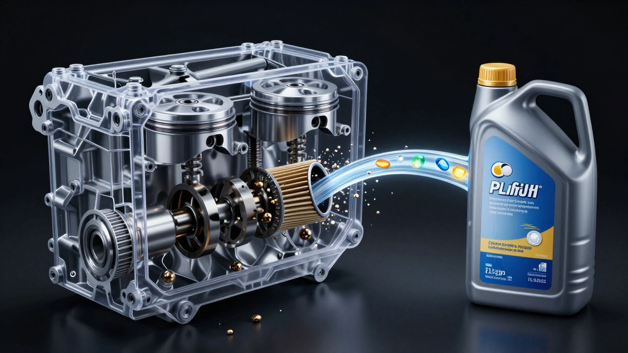 Прозрачный двигатель: изношенные детали от грязного масла и чистый поток премиального масла через фильтр.