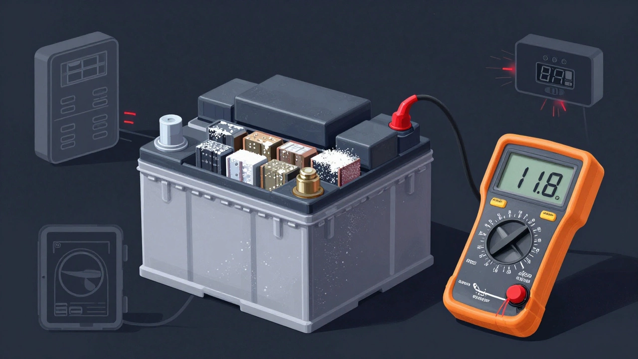 Разобранный автомобильный аккумулятор с кристаллами сульфата и измерителем напряжения 11,8 В.