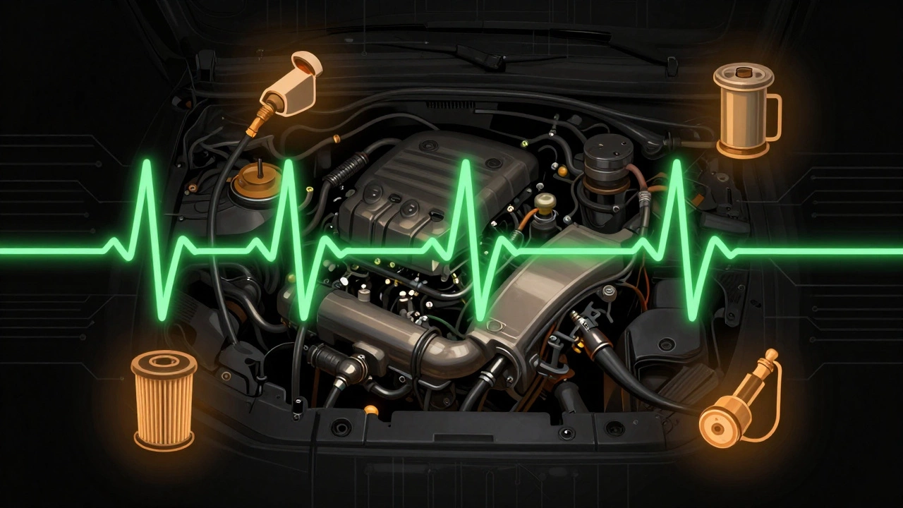 Сердцебиение двигателя, символизируемое монитором, с подключенными ключевыми системами автомобиля.