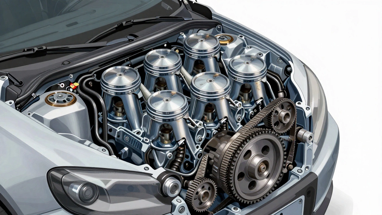 Схематическое изображение внутреннего устройства автомобильного двигателя