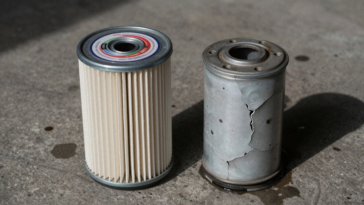 Сравнение оригинального и поддельного масляного фильтра на фоне рабочего пола с масляными пятнами.