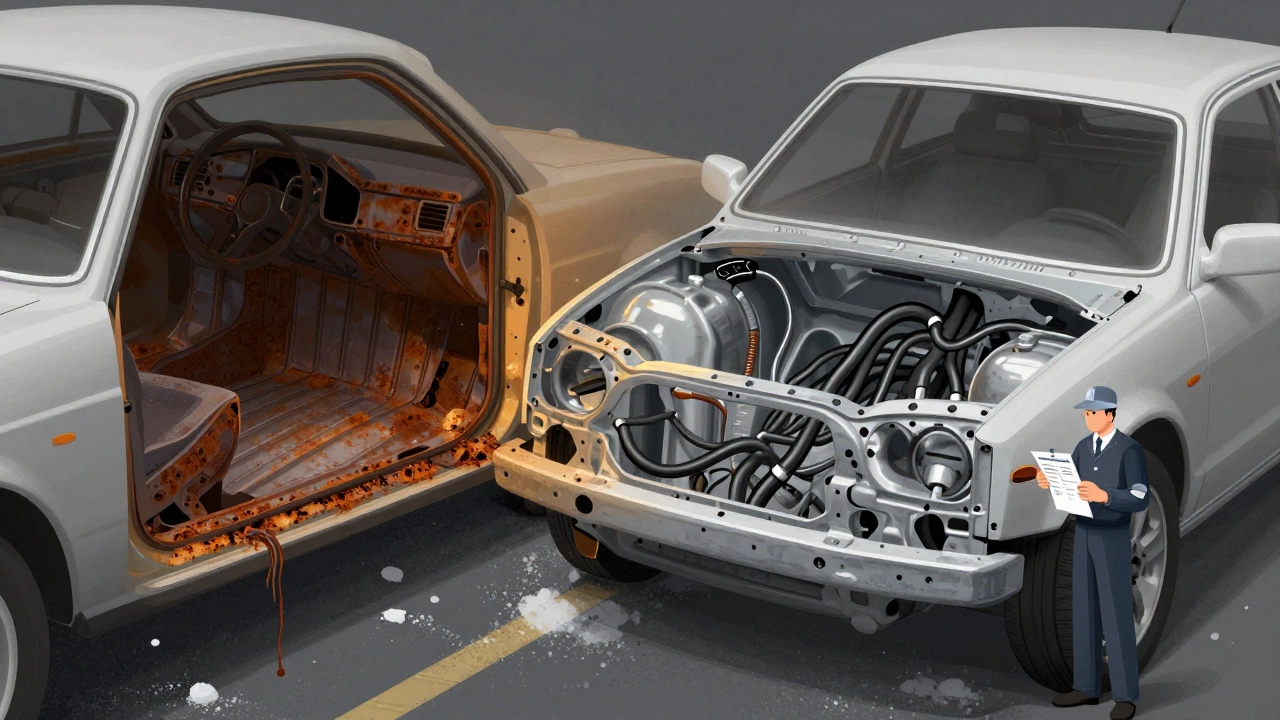 Сравнение ржавчины и антикоррозийной защиты внутри кузова автомобиля.