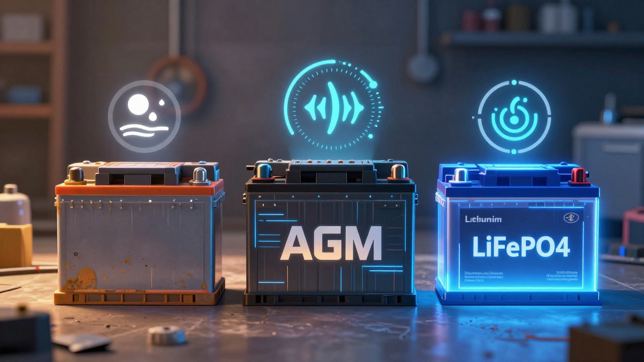 Сравнение трёх типов аккумуляторов: обычный, AGM и литий-ионный, с визуализацией их устойчивости к разряду.