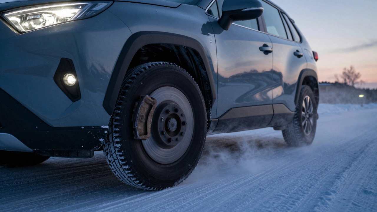 Toyota RAV4 резко тормозит на заснеженной дороге в сумерках, видно брызги тормозной пыли и свечение диска от перегрева.