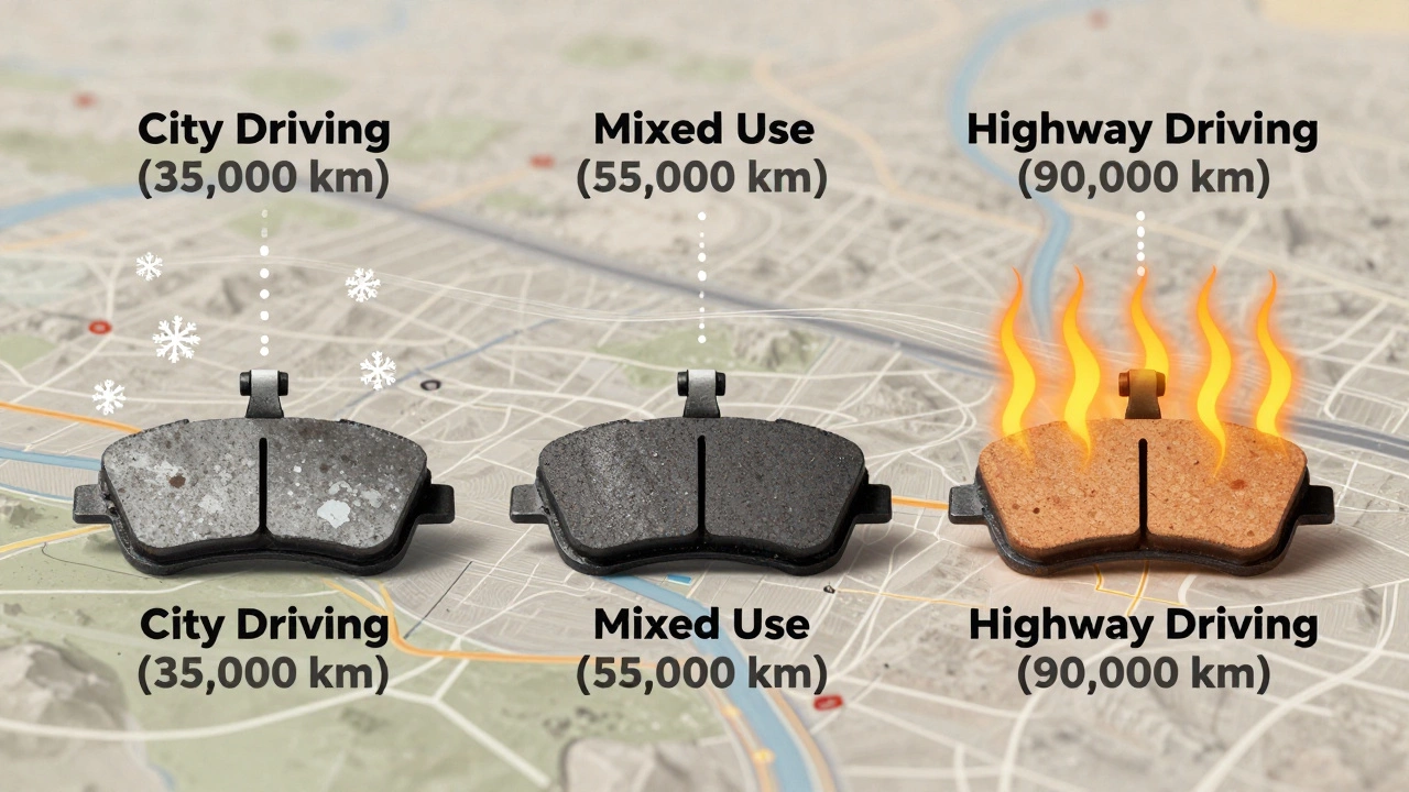 Три тормозные колодки с визуальными обозначениями пробега: 35 000 км, 55 000 км и 90 000 км в зависимости от стиля вождения.