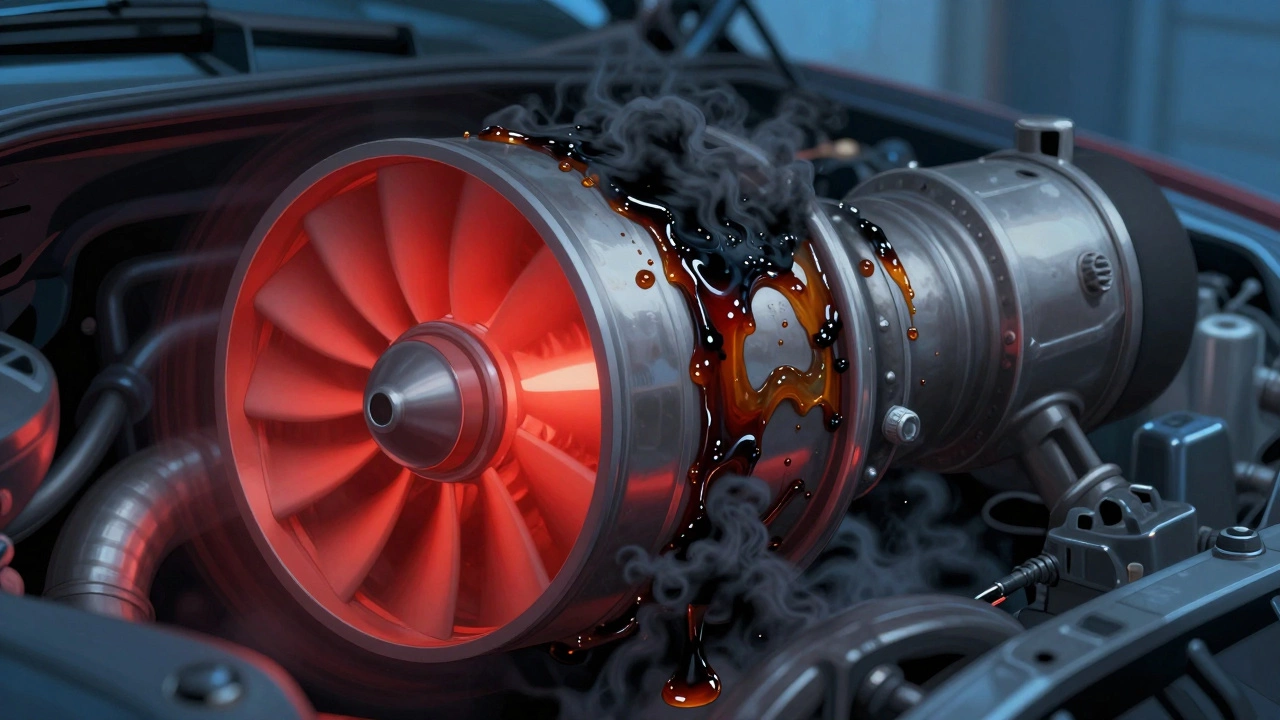 Турбина с закоксованными лопатками и нагаром от слабого потока выхлопа