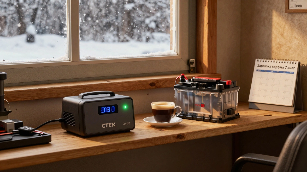 Умное зарядное устройство подключено к аккумулятору в тёплом гараже, рядом чашка кофе.