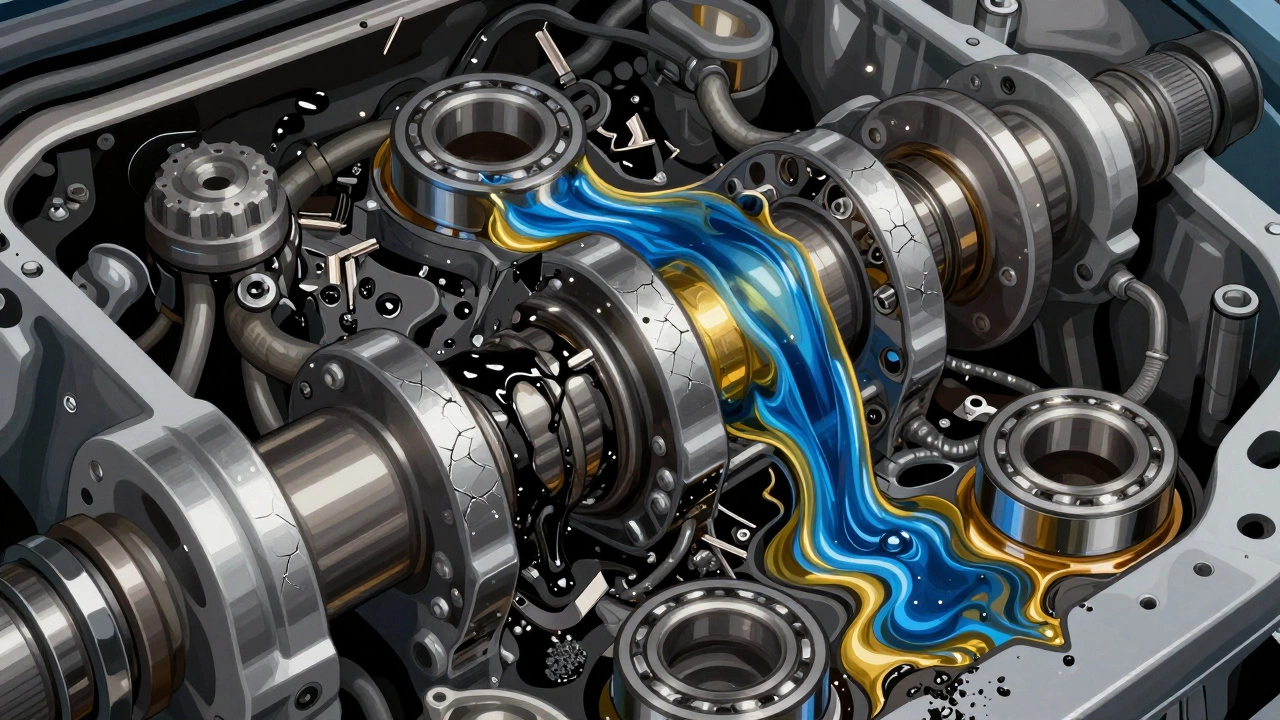 Внутреннее устройство двигателя с отложениями шлама и чистым маслом.