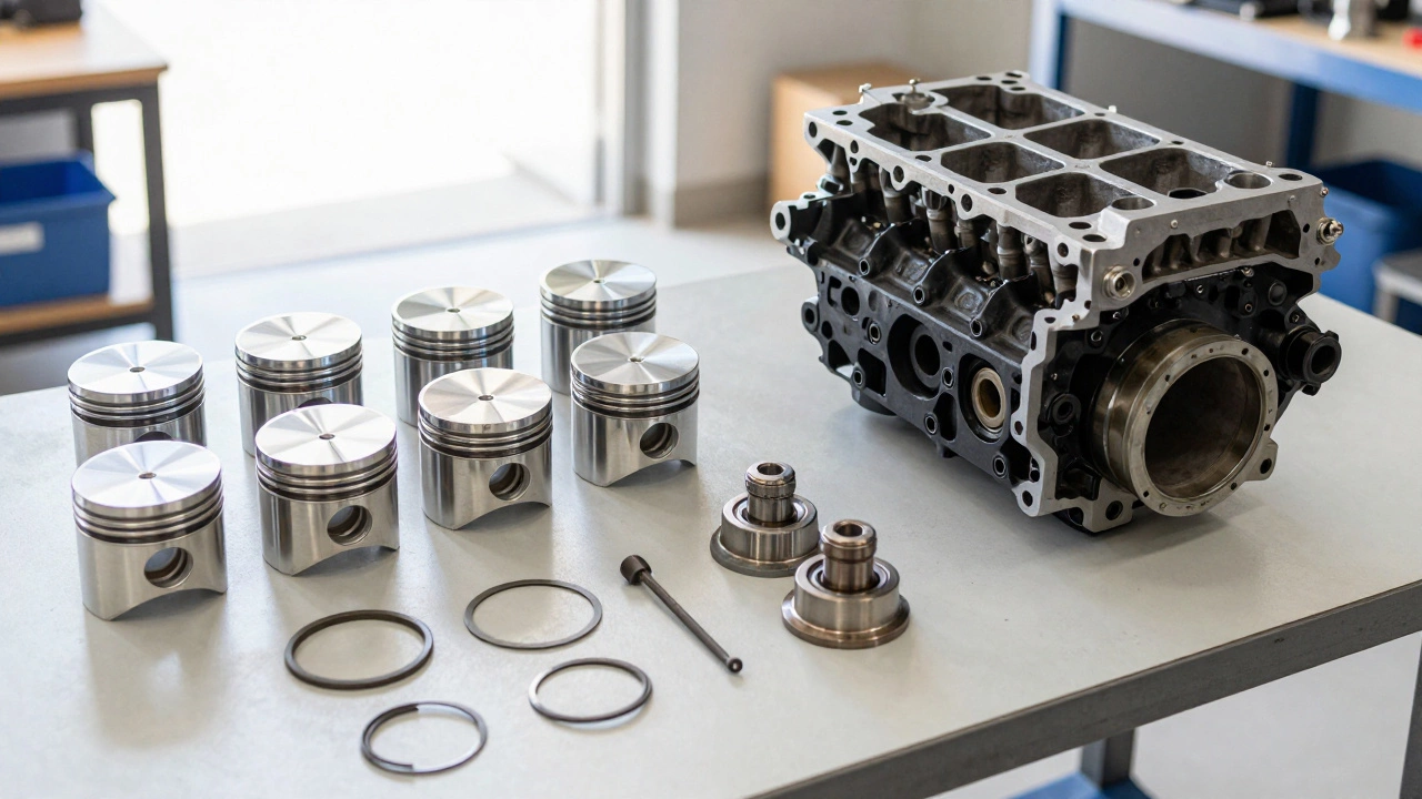 Новые поршни и детали двигателя рядом с разобранным блоком цилиндров