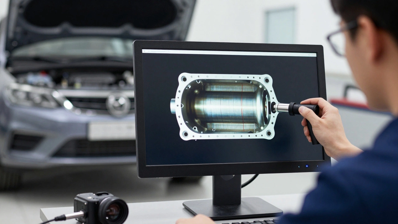 Процесс эндоскопии цилиндров двигателя с отображением задиров на мониторе