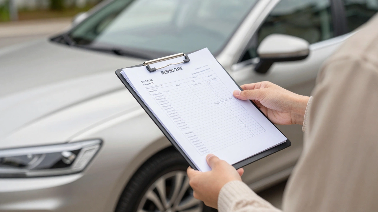 Продавец показывает сервисную книжку и чеки покупателю