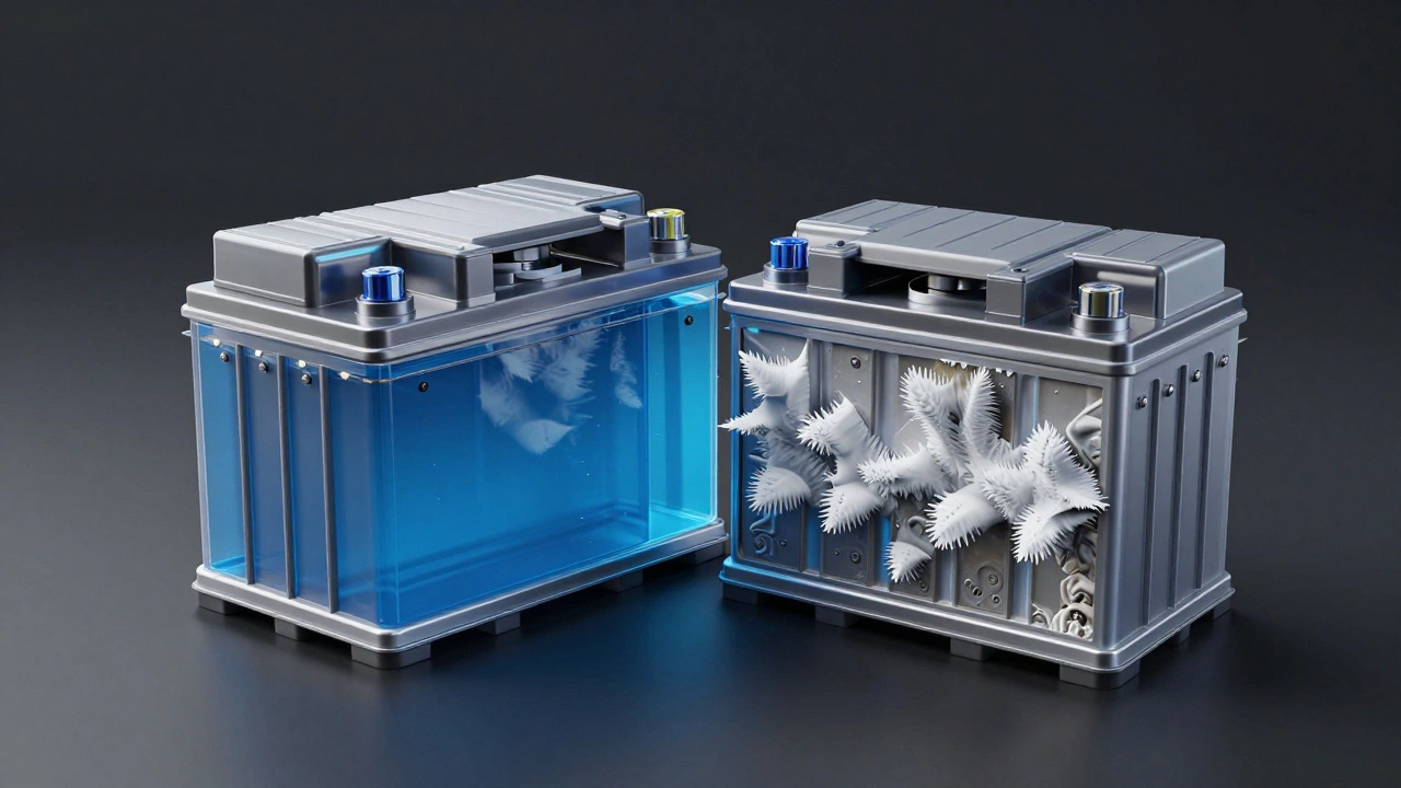 Схематичное изображение внутреннего устройства аккумулятора с кристаллами сульфатации