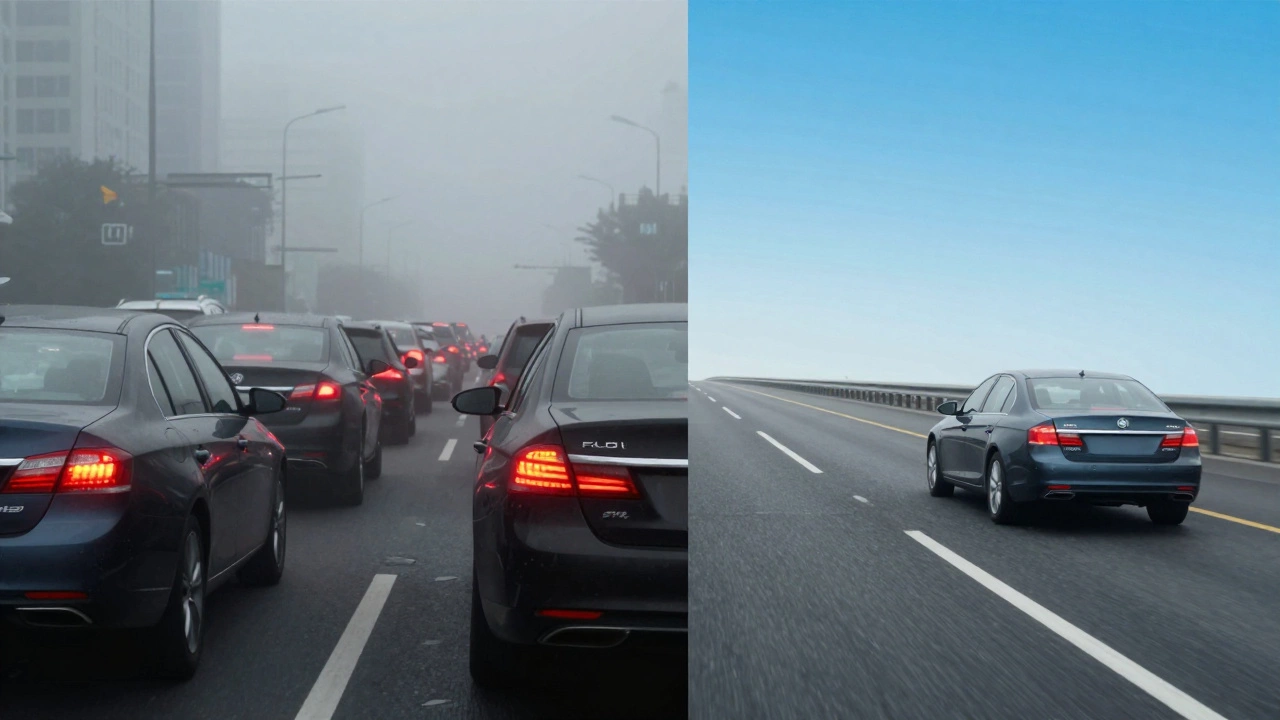 Сравнение автомобиля в городской пробке и на открытой трассе