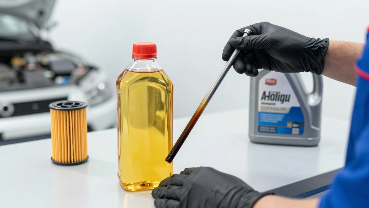 Сравнение старого темного масла на щупе и нового светлого синтетического масла